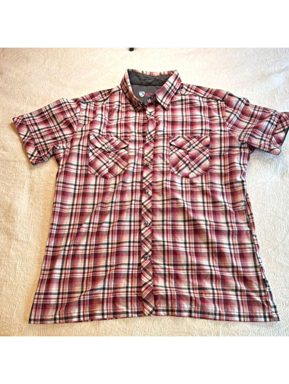 Kuhl Men's L Red White Black Gray Plaid Short Sleeve Button-Up Shirt Pockets